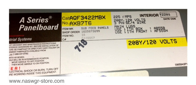 AQF3422MBX , AXB7T6 , GE AQF3422MBX  A Series Panelboard , NEMA 1 Enclosure , Box: Ab55B , AF55S , 225 Amps , 208Y/120 Volts , 3 Phase , 4 Wire , PN: AQF3422MBX
