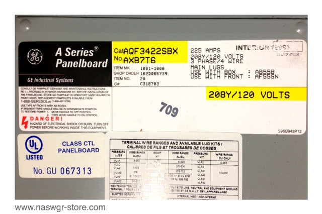 AQF3422SBX , AB55B , GE AQF3422SBX A Series Panelboard , NEMA 1 Enclosure , Box: AB55B , NO: AXB7T6 , 225 Amp , 208Y/120 Volts , 3 Phase , 4 Wire , AF55S , PN: AQF3422SBX