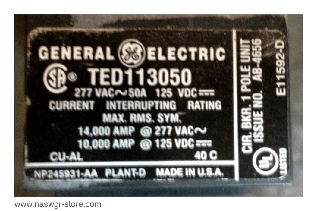 TED113050 , GE TED113050 Circuit Breaker , 1 Pole , 277VAC , 50 Amp , 125VDC , PN: TED113050