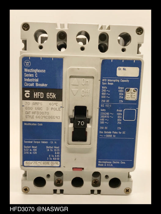Westinghouse HFD3070 Molded Case Circuit Breaker ~ 70 Amp