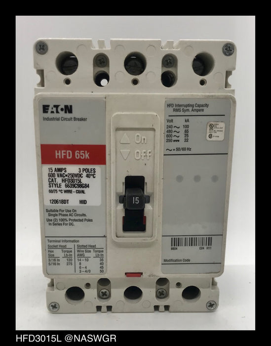 Eaton HFD3015L Molded Case Circuit Breaker ~ 15 Amp