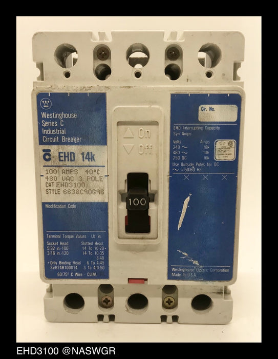 Westinghouse EHD3100 Molded Case Circuit Breaker ~ 100 Amp