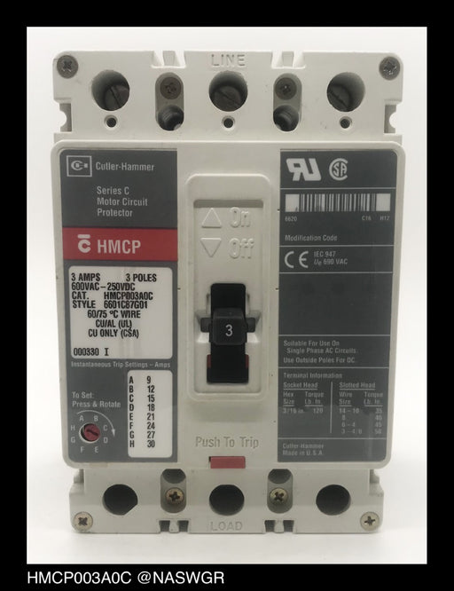 Cutler Hammer HMCP003A0C Motor Circuit Protector ~ 3 Amp