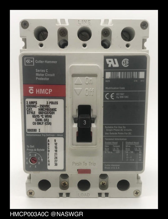 Cutler Hammer HMCP003A0C Motor Circuit Protector ~ 3 Amp