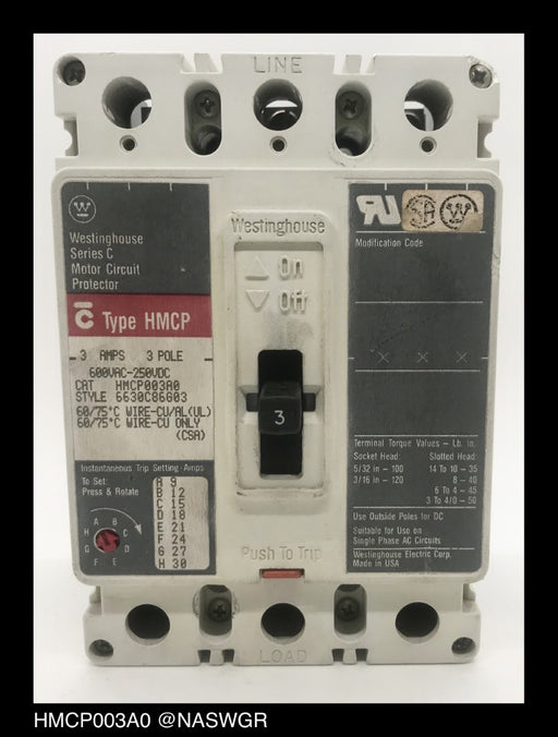 Westinghouse HMCP003A0 Motor Circuit Protector ~ 3 Amp