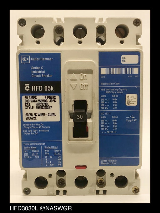 Cutler-Hammer HFD3030L Molded Case Circuit Breaker ~ 30 Amp