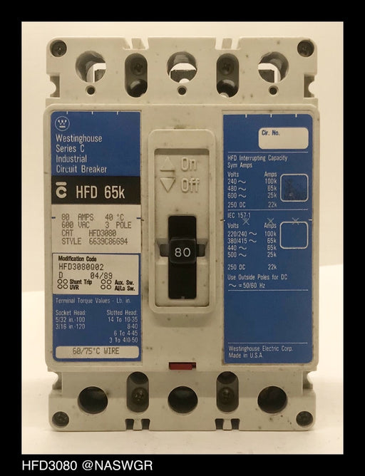 Westinghouse HFD3080 Molded Case Circuit Breaker ~ 80 Amp