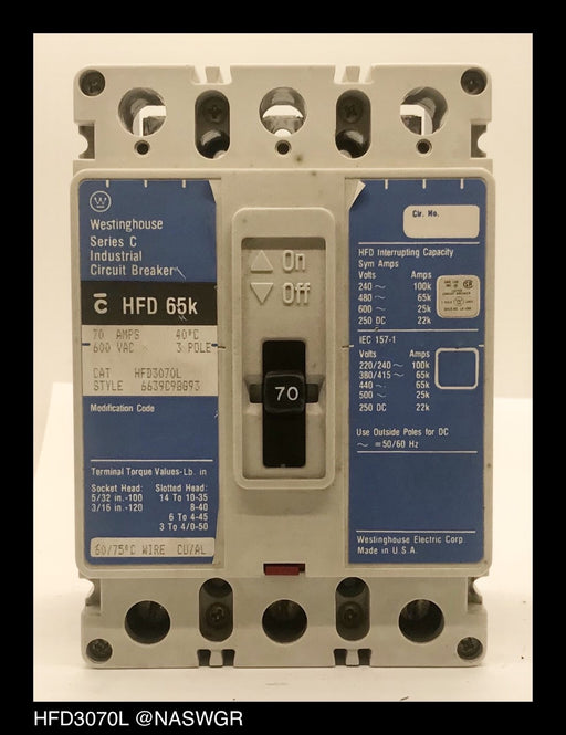 Westinghouse HFD3070L Molded Case Circuit Breaker ~ 70 Amp