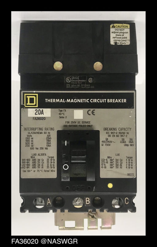 Square D FA36020 Molded Case Circuit Breaker ~ 20 Amp