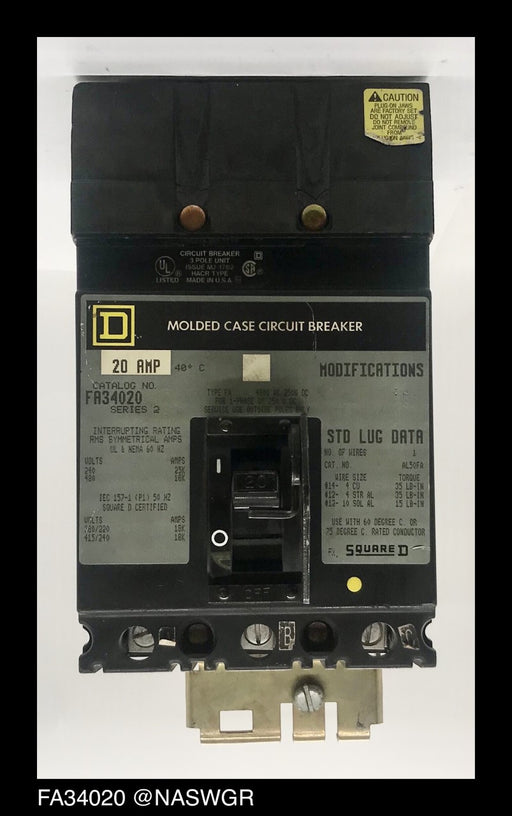 Square D FA34020 Circuit Breaker w/ Handle Padlock ~ 20 Amp