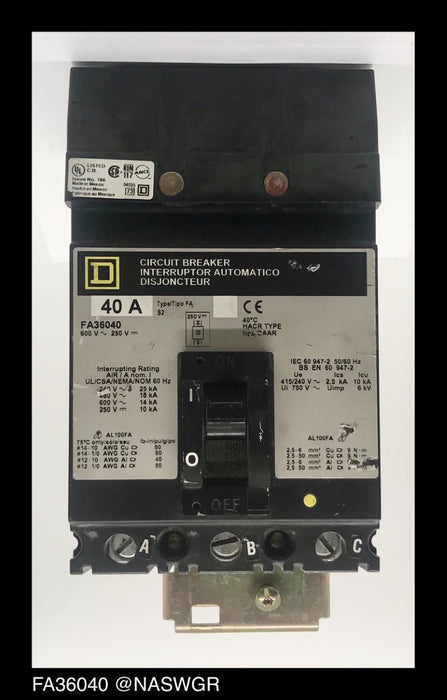 Square D FA36040 Molded Case Circuit Breaker ~ 40 Amp
