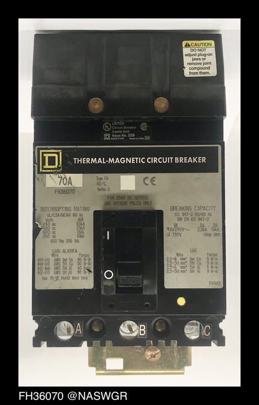 Square D FH36070 Molded Case Circuit Breaker ~ 70 Amp