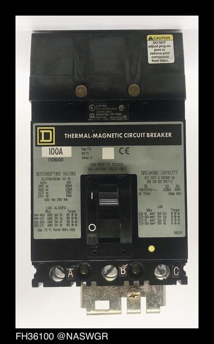 Square D FH36100 Molded Case Circuit Breaker ~ 100 Amp