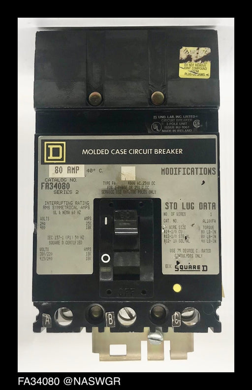 Square D FA34080 Molded Case Circuit Breaker ~ 80 Amp