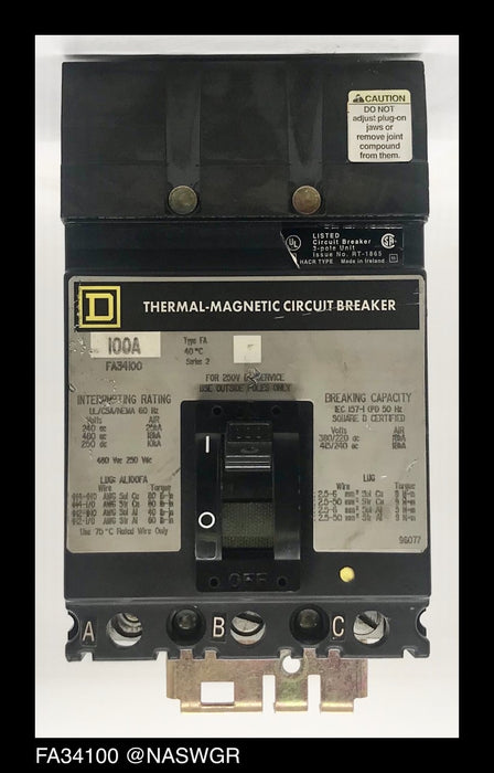 Square D FA34100 Molded Case Circuit Breaker ~ 100 Amp