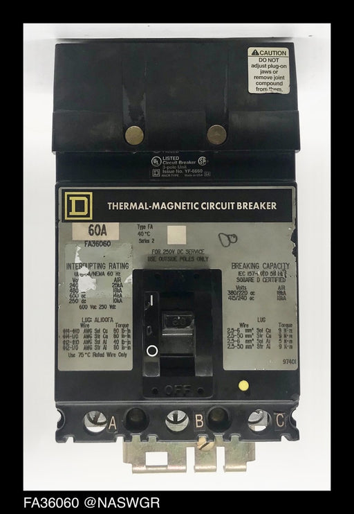 Square D FA36060 Molded Case Circuit Breaker ~ 60 Amp