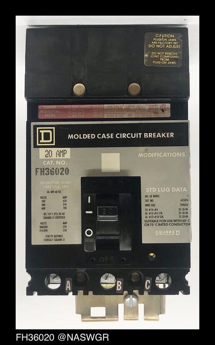 Square D FH36020 Molded Case Circuit Breaker ~ 20 Amp