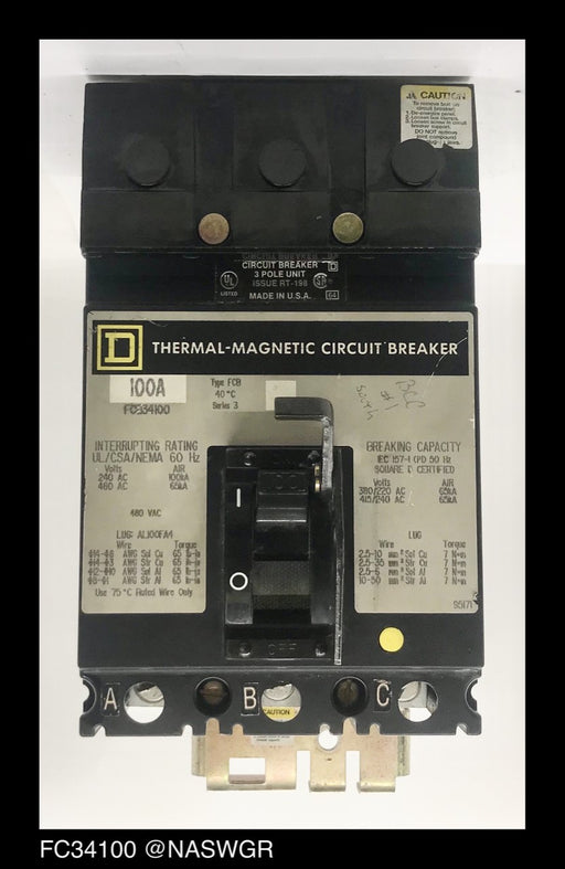 Square D FC34100 Circuit Breaker w/ Handle Padlock ~ 100 Amp