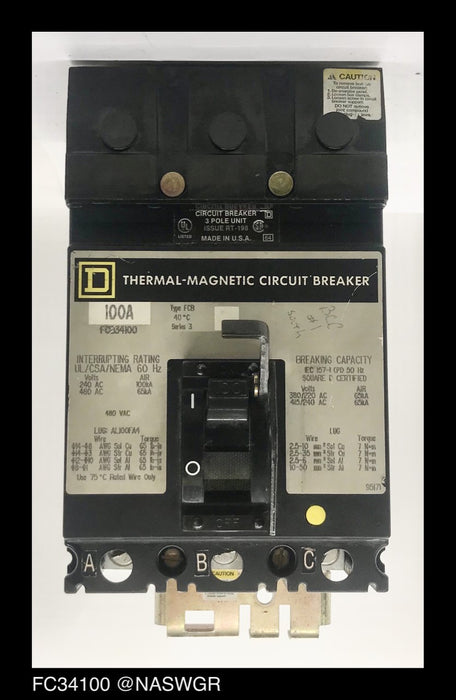 Square D FC34100 Circuit Breaker w/ Handle Padlock ~ 100 Amp