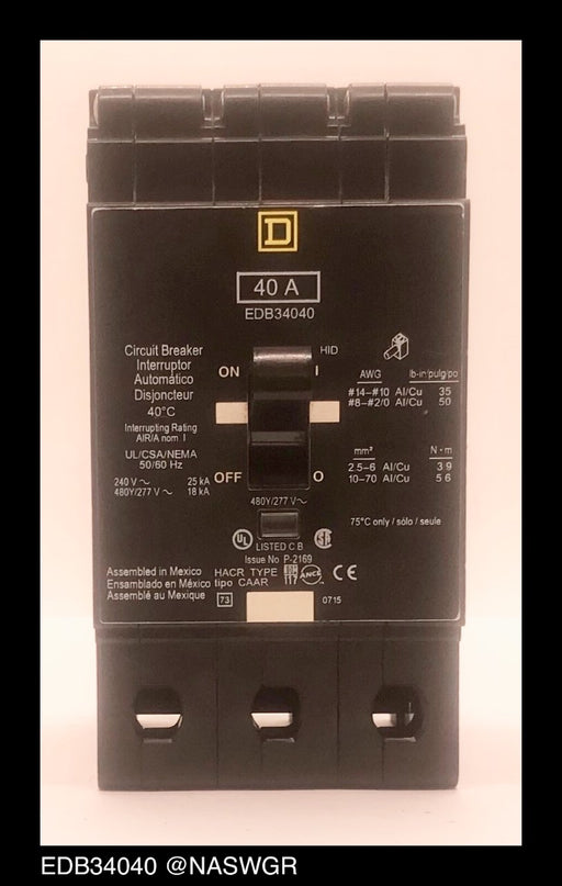 Square D EDB34040 Molded Case Circuit Breaker ~ 40 Amp