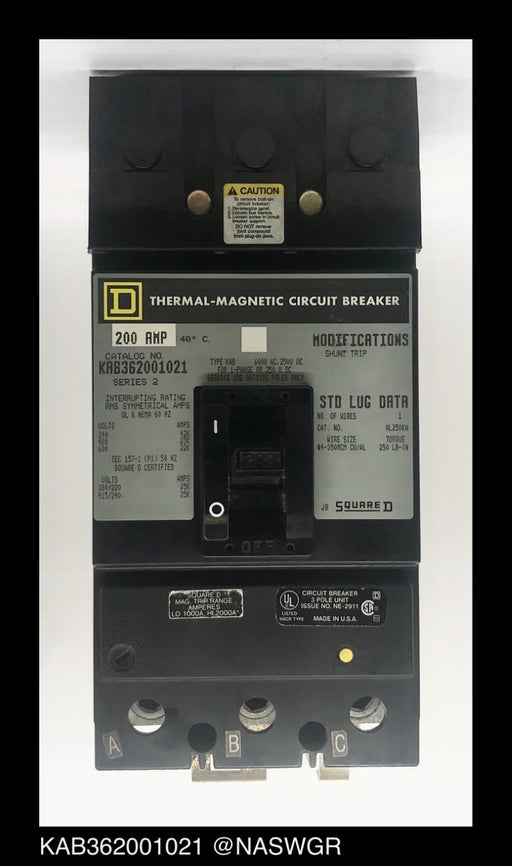 Square D KAB362001021 Molded Case Circuit Breaker ~ 200 Amp - Unused Surplus