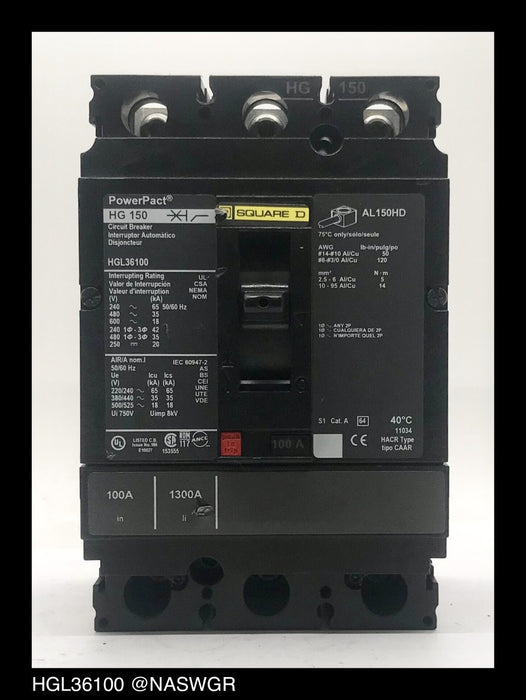 Square D HGL36100 Molded Case Circuit Breaker ~ 100 Amp