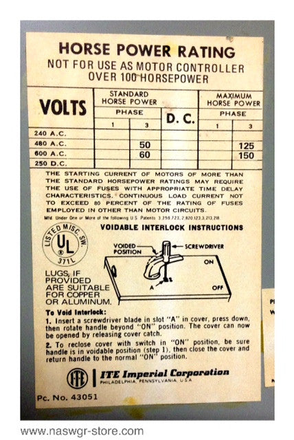 ITE V7F3604 Vacu-Break Switch - 200 Amp