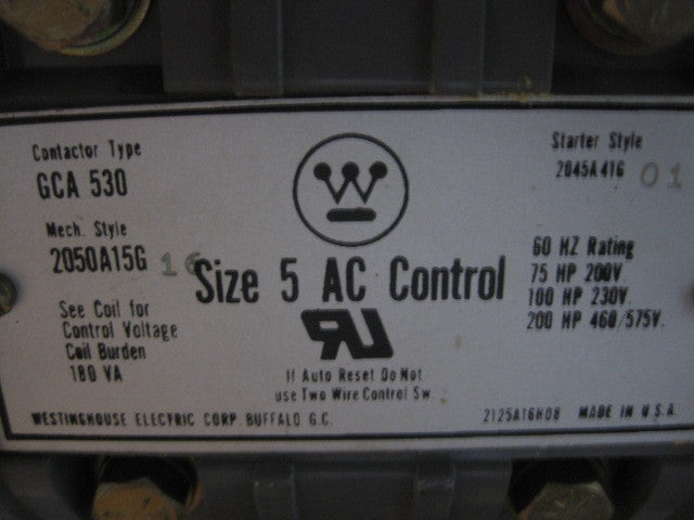 Westinghouse 2100 Series Size 5 Starter Combination Breaker Style MCC Bucket Contactor Type: GCA 530